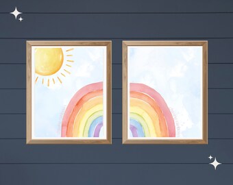 Kids wall art, Chasing rainbows, Set of 2 prints, Printable wall Art, Playroom wall art, Nursery wall art, Room decor, Watercolor prints