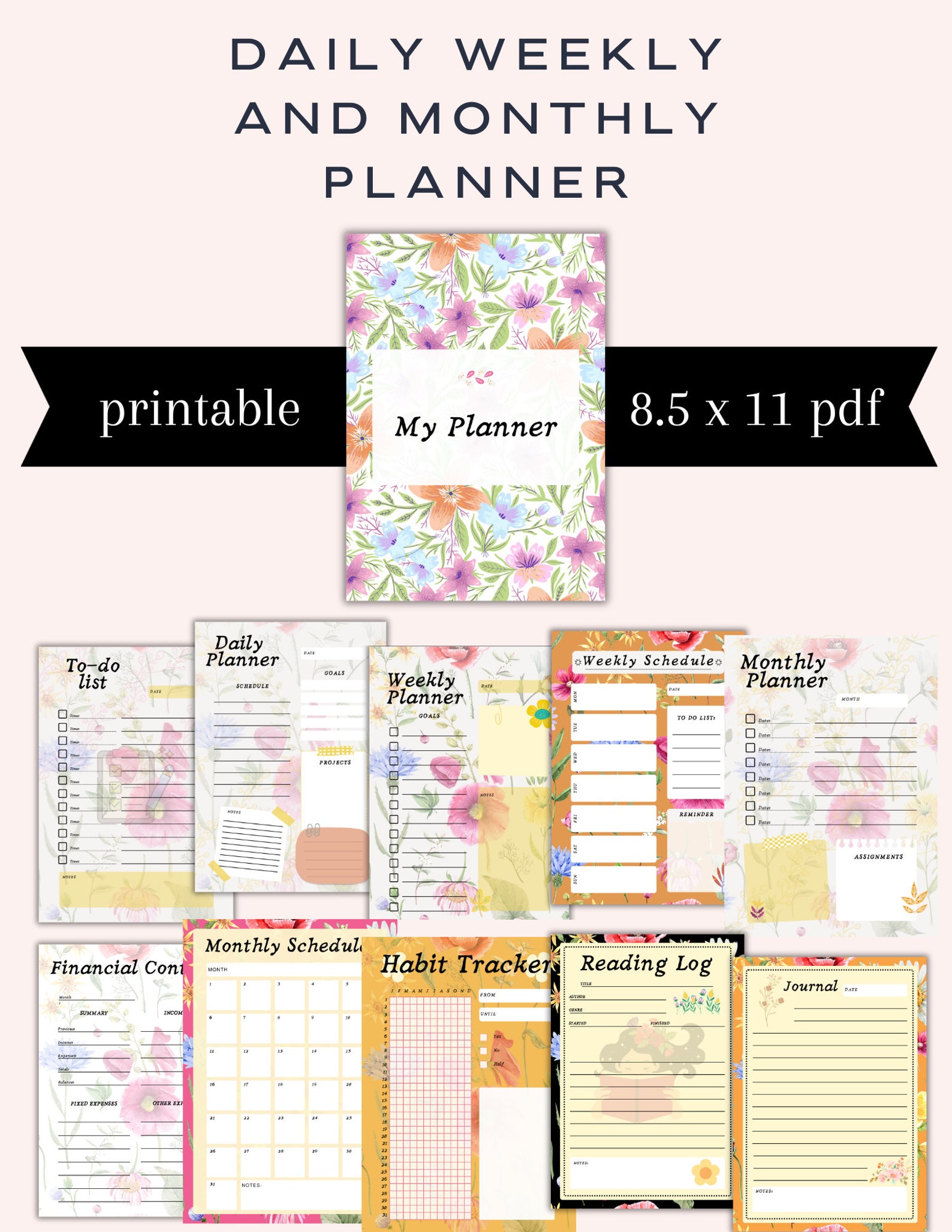 Daily Weekly Monthly Planner Printable Classic HP Digital Floral ...