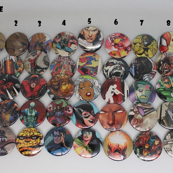 Comic Book, DC and Marvel 6 Pin Pack Random or Choose 1 Inch Pinback Buttons Comics Free Shipping in CANADA