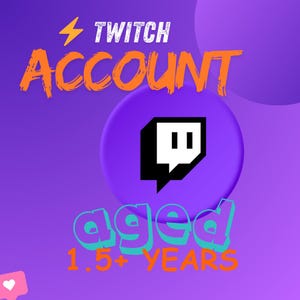 May include: A purple graphic with the text "Twitch Account" in orange, and a lightning bolt. A purple circle contains the Twitch logo in white and black. The text "aged 1.5+ YEARS" is in teal and orange.