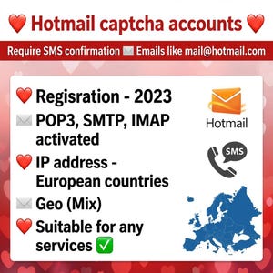 Könnte beinhalten: Werbung für Hotmail-Captcha-Konten. Das Bild enthält Text mit der Aufschrift "Require SMS confirmation" und "Emails like mail@hotmail.com". Weitere Texte sind "Registration - 2023", "POP3, SMTP, IMAP activated" und "IP address - European countries".