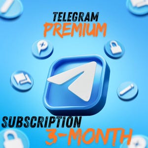 May include: A blue graphic promoting Telegram Premium. The image features the Telegram logo, the words "TELEGRAM PREMIUM" in black and orange, and "SUBSCRIPTION 3-MONTH". Additional icons are scattered around the central logo on a gradient blue background.