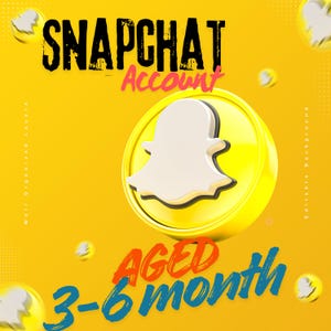 Könnte beinhalten: Gelbe Grafik mit den Worten "SNAPCHAT ACCOUNT" in Schwarz und Rosa. Darunter steht "AGED 3-6 month" in Orange und Blau. Ein gelbes Snapchat-Logo ist zentriert.