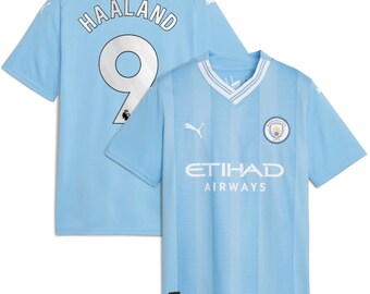 Manchester City Haaland # 9 FÚTBOL Juventud Niños Azul 23/24 Camiseta de local Kit corto Messi Ronaldo Saka Kane Mbappe Bellingham Envío el mismo día a EE. UU.