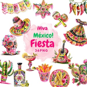 Aquarell Viva Mexico Clipart Bundle, Cinco de Mayo, Mexiko Clip Art, Fiesta png, digitaler Download| Fiesta png