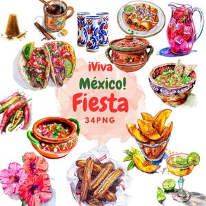 Può includere: Illustrazione ad acquerello di una festa messicana con vari piatti e bevande. Include tacos, enchiladas, guacamole, churros e margarita. Il testo "¡Viva México! Fiesta" è visualizzato in verde e rosso. Una rappresentazione colorata della cucina messicana.