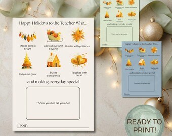 May include: Printable teacher appreciation cards with a cream background. The cards feature illustrations of a Christmas tree, a sleigh, and hearts. Text reads "Happy Holidays to the Teacher Who... and making everyday special."