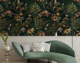 Papier peint vert foncé avec guépards, singes, papillons et fleurs tropicales. Décoration murale autocollante ou en vinyle ordinaire. Taille personnalisée.