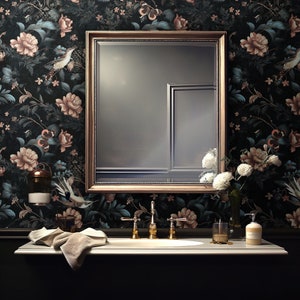Carta da parati floreale scura stravagante con colibrì. Murale da parete art déco stacca e attacca. Blu scuro, rose, uccelli. Arte murale rimovibile o in vinile.