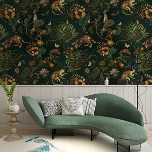 Dark green Wallpaper with cheetah, monkeys, butterflies and tropical flowers. Peel and Stick or regular vinyl wall art. Custom size.