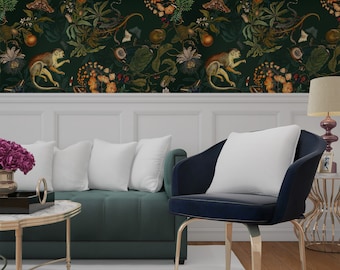 Dark Green Tropical Wallpaper: Cheetah, Monkeys, Floral (Peel & Stick or Vinyl)