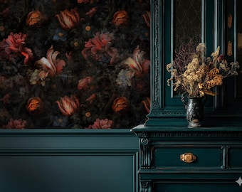 Dark Floral Wallpaper, Victorian Gothic Style, Peel and Stick or Vinyl