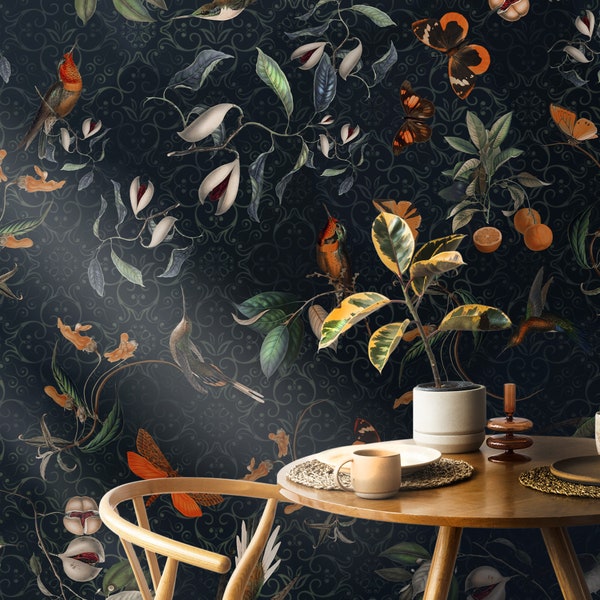 Dark botanical wallpaper with hummingbirds, butterflies and exotic flowers. Peel & Stick or regular wallpaper. Dark blue, navy wall decor.