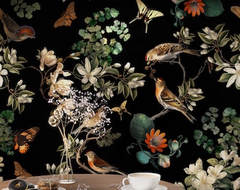 Dark Botanical Wallpaper, Birds, Flowers, Butterflies, Peel and Stick