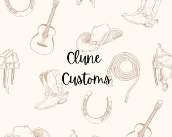 May include: A white background with a brown and white pattern of cowboy boots, guitars, saddles, horseshoes, and cowboy hats. The text "Clune Customs" is in the center of the image.