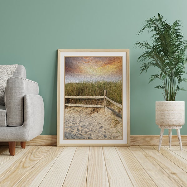 Beach scene with sunrise sky at the Jersey Shore, oil paint effect, PRINTABLE Wall Art, DIGITAL download.