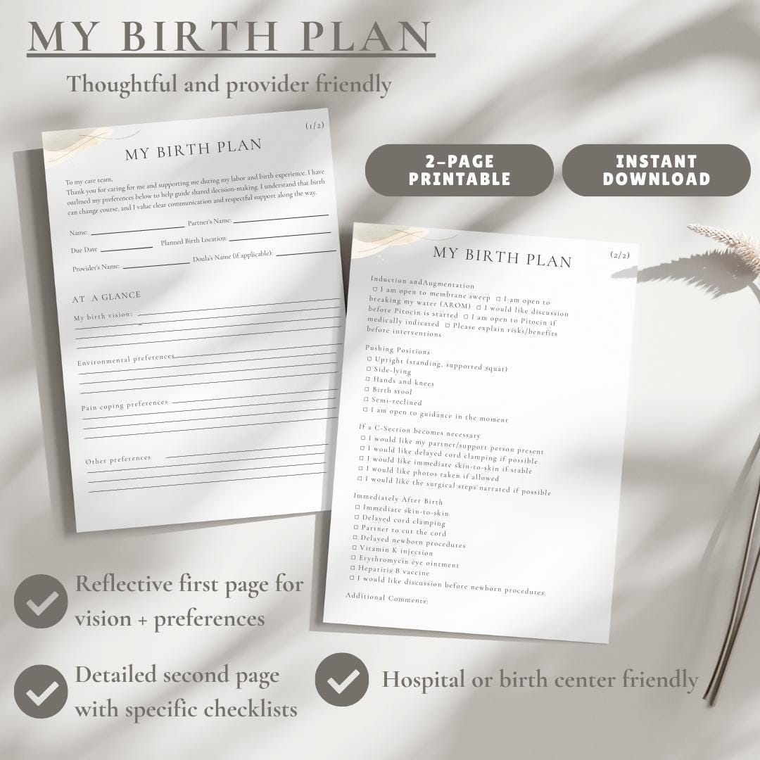 Making Birth Plan Printable Birth Plan Template | Labor Delivery Preferences Checklist ...