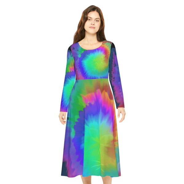 Women's Long Sleeve Dance Dress, rainbow geode tie dye, tye dye dress with cat eye, gift for best friend female, rainbow geode tie dye