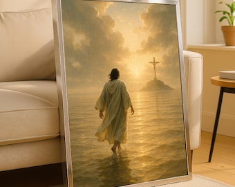 Quadro su tela raffigurante Gesù che cammina sull'acqua - Decorazione murale cristiana con croce, dipinto religioso ispiratore, regalo di fede spirituale, pronto da appendere.