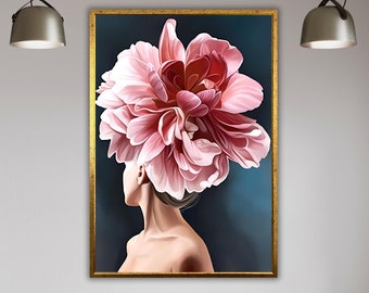 Woman with Flower Head Canvas Painting, Floral Wall Decor, Art Print, Pink Rose Head Artwork