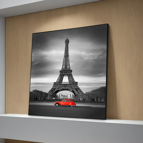 Eiffel Tower View Canvas Art, Vintage Car & Paris Cityscape Wall Decor, Chic Parisian Scene for Home Styling, Unique Housewarming Gift