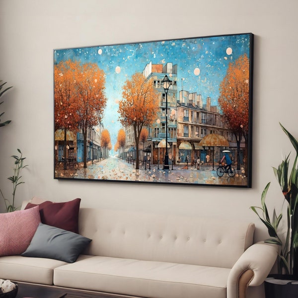 Tableau Femme dans les rues de Paris avec vue sur la ville - Toile d'art automne vue sur la ville pour décoration murale, cadeau scène parisienne romantique