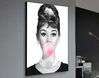 Audrey Hepburn Bubble Gum Canvas Art, Iconic Pop Art Wall Decor, Chic Living Room Statement Piece, Classic Movie Star Gift