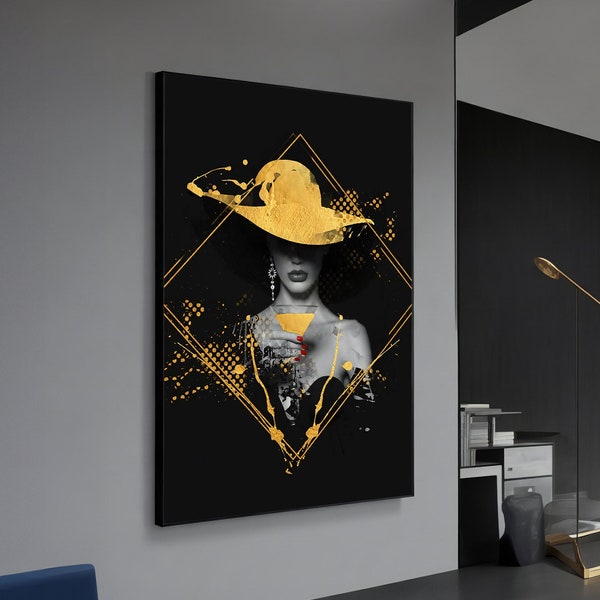 Elegant Woman with Yellow Hat Canvas Art, Chic Fashion Woman Painting, Perfect for Sophisticated Wall Decor, Ideal Gift for Fashionistas