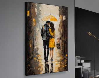 Love Walk in the Rain Canvas Art - Romantic Modern Wall Decor for