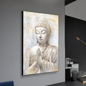 Golden Meditating Buddha Painting - Serene Canvas Wall Art for Meditation Space, Zen Yoga Room Decor Gift