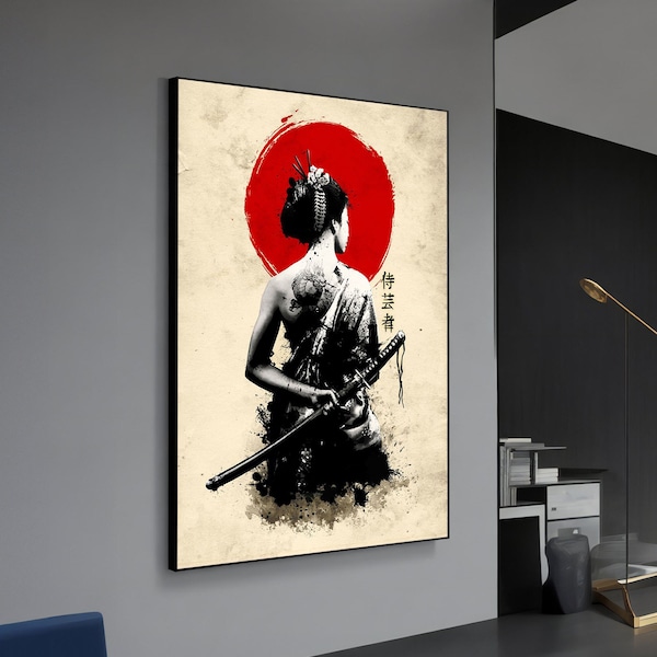 Peinture samouraï geisha - femme éthérée avec toile katana, décoration murale moderne pour la maison