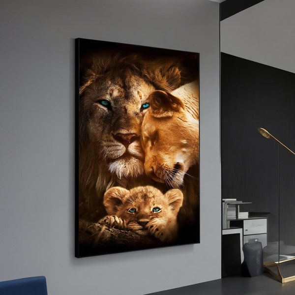 Oeuvre d'art sur toile famille lion - tableau réconfortant de famille heureuse pour une décoration intérieure confortable, cadeau parfait pour la Saint-Valentin