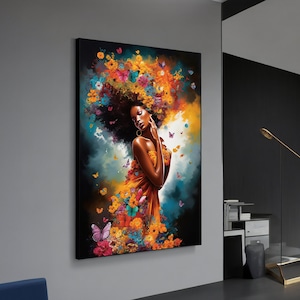 Beauty Woman with Flowers Butterfly Canvas Art, Abstract Female Figure Wall Decor, Contemporary Home Decoration, Chic Housewarming Gift