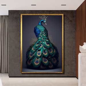 Blauer Pfau Leinwanddruck, Tierreich Wanddekor, fertig zum Aufhängen, Pfau Kunstdruck, moderne Wandkunst