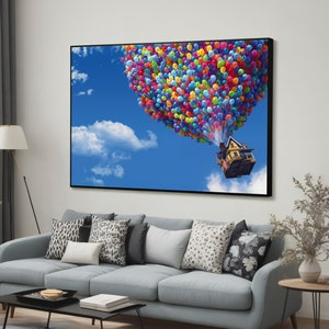 Up Movie Poster Air Balloons Canvas Art, Surreal Wall Decor, Cartoon Art Print