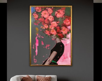 Flower Headed Woman Canvas Print, Floral Artwork, Woman Integrated with Flowers, Artprint, Fashion Girl