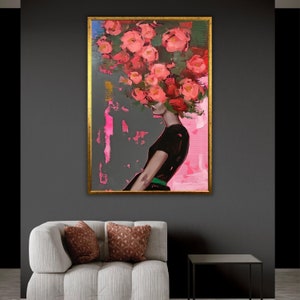 Flower Headed Woman Canvas Print, Floral Artwork, Woman Integrated with Flowers, Artprint, Fashion Girl