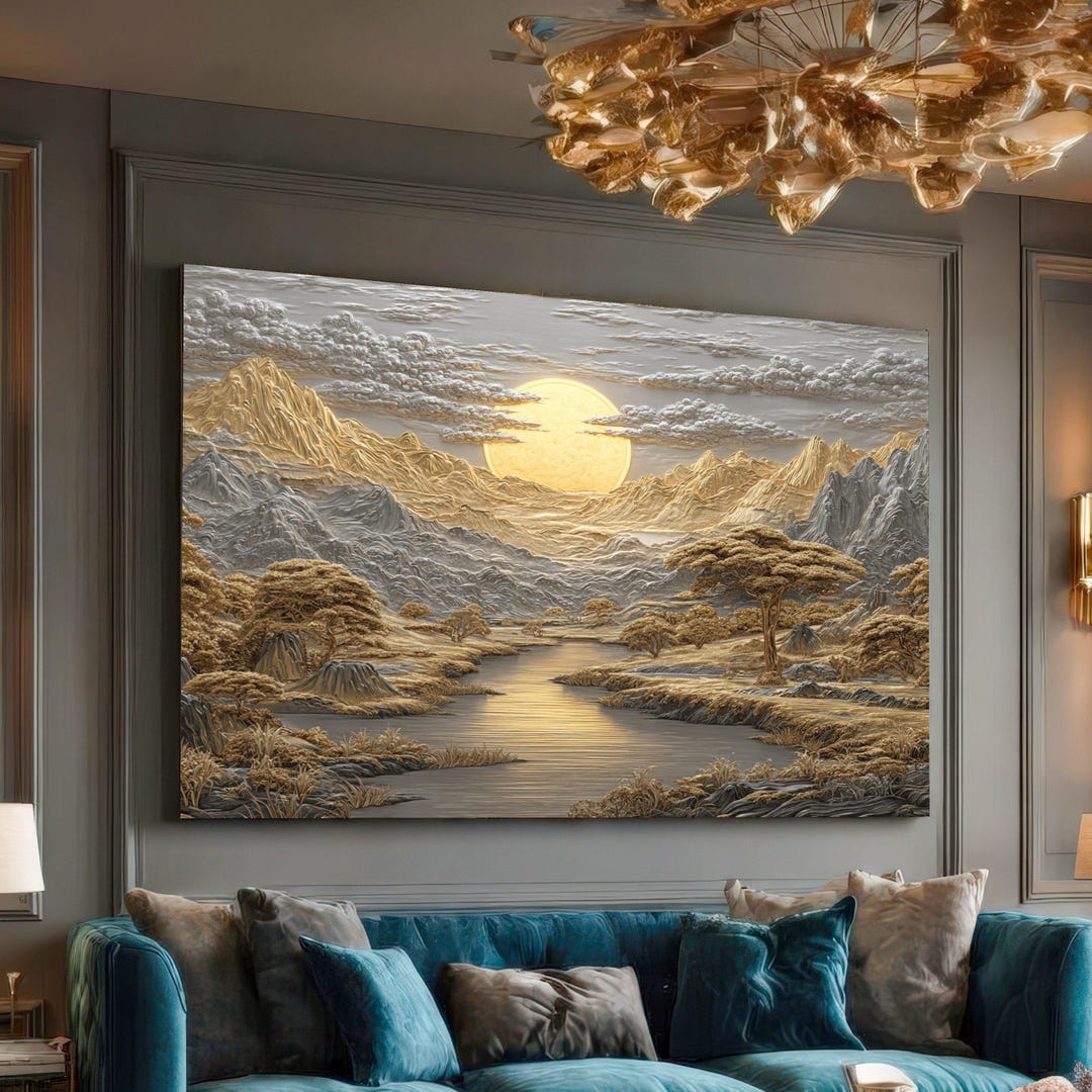 Golden Sunrise Mountain Landscape Canvas, River View Wall Art, Nature ...