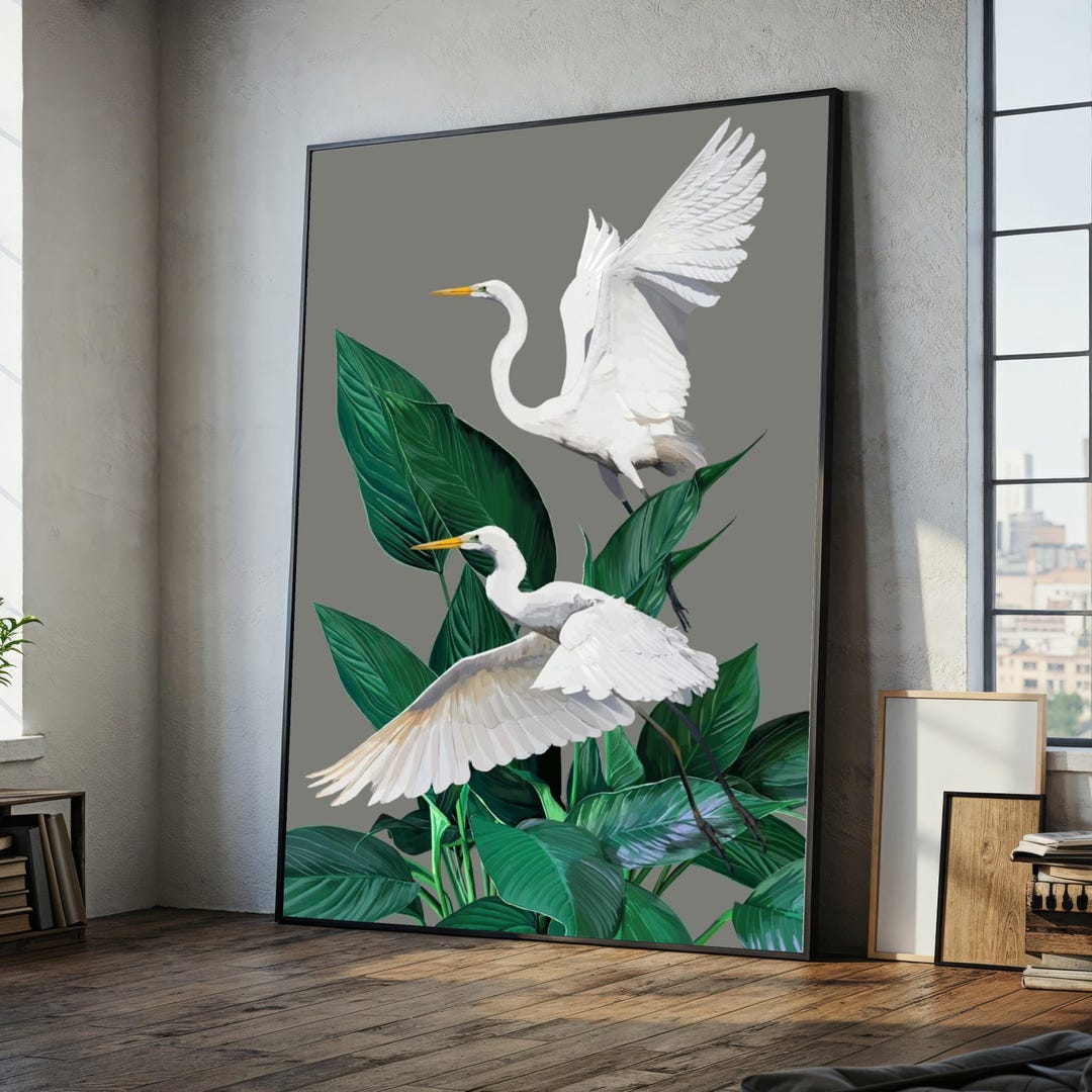 Elegant White Egrets Canvas Wall Art, Tropical Green Leaves Painting ...