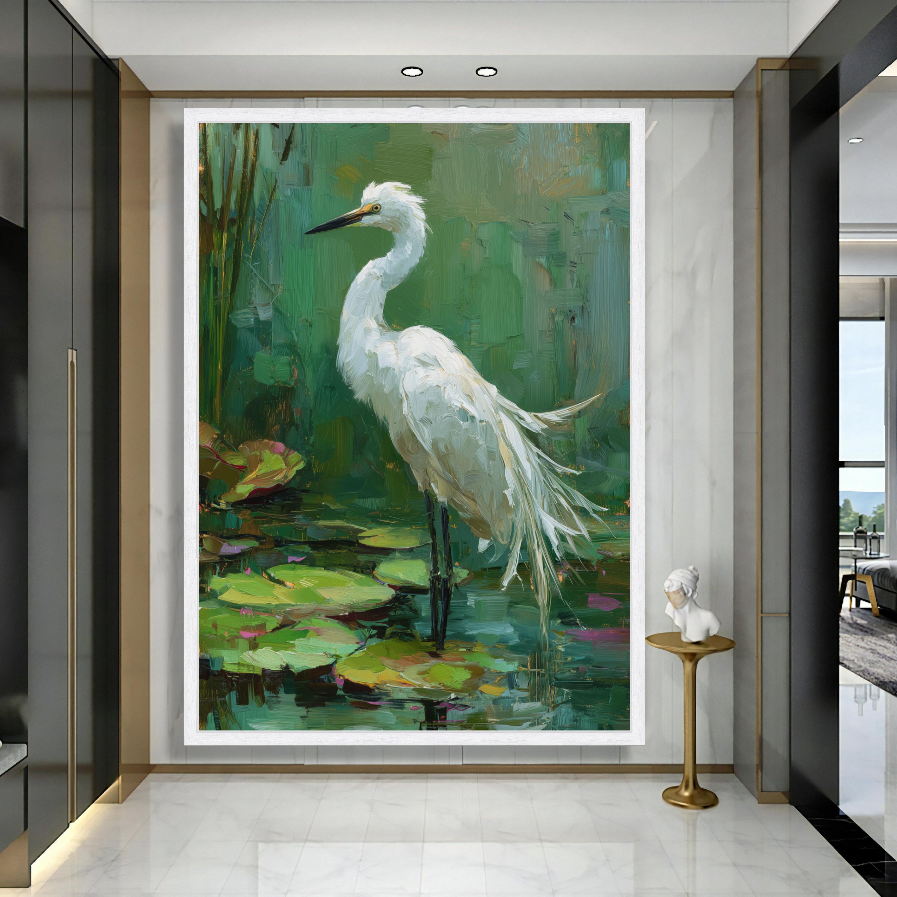 Elegant White Egret Painting, Nature Wildlife Canvas, Pond Scene Wall ...