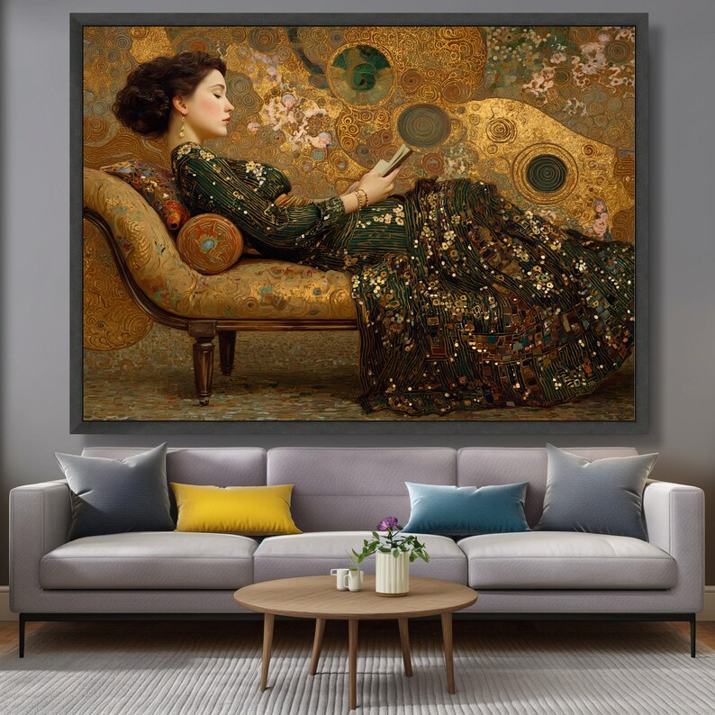 Gustav Klimt Woman Reading Canvas, Elegant Art Nouveau Wall Art, Gold ...