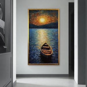 Sunlit Boat on Shimmering Waters: Impressionist Canvas Painting Gift for Nature and Art Lovers