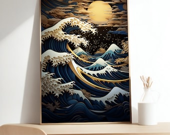 Large Hokusai Artwork, Japanese Ocean Print, Framed Canvas Wall Art, The Great Wave off Kanagawa