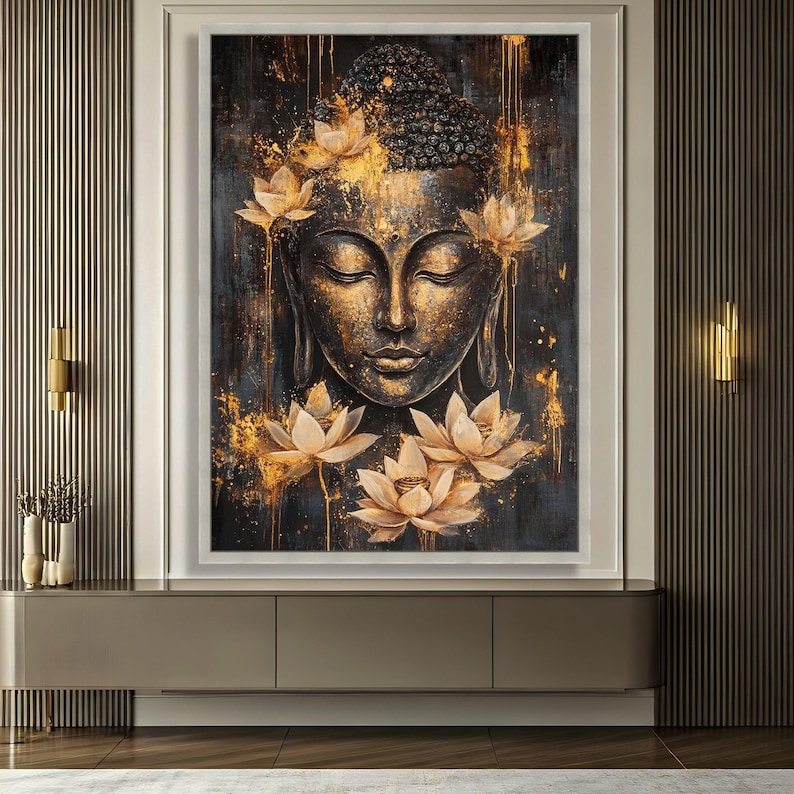 Serene Buddha Face Canvas Wall Art, Golden Lotus Flowers, Spiritual ...
