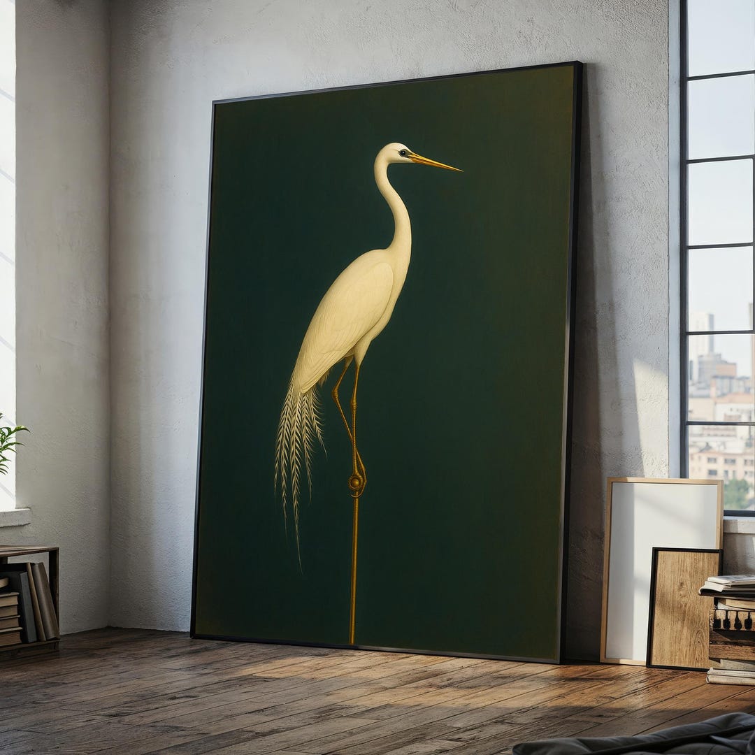 Minimalist White Egret on Deep Green – Elegant Nature Bird Canvas Wall ...