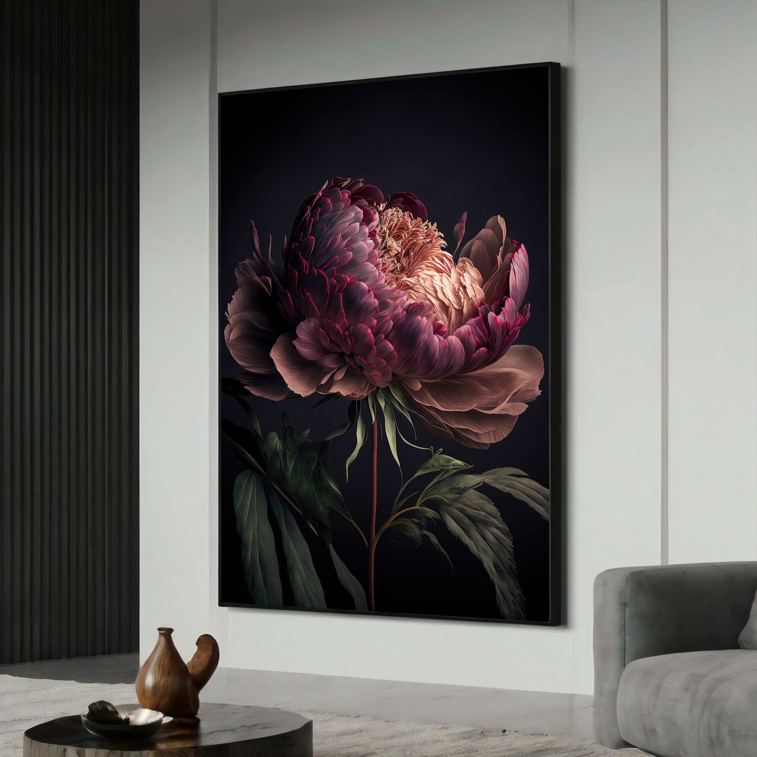 Pink Peony Canvas Painting - Lush Dark Floral Wall Decor