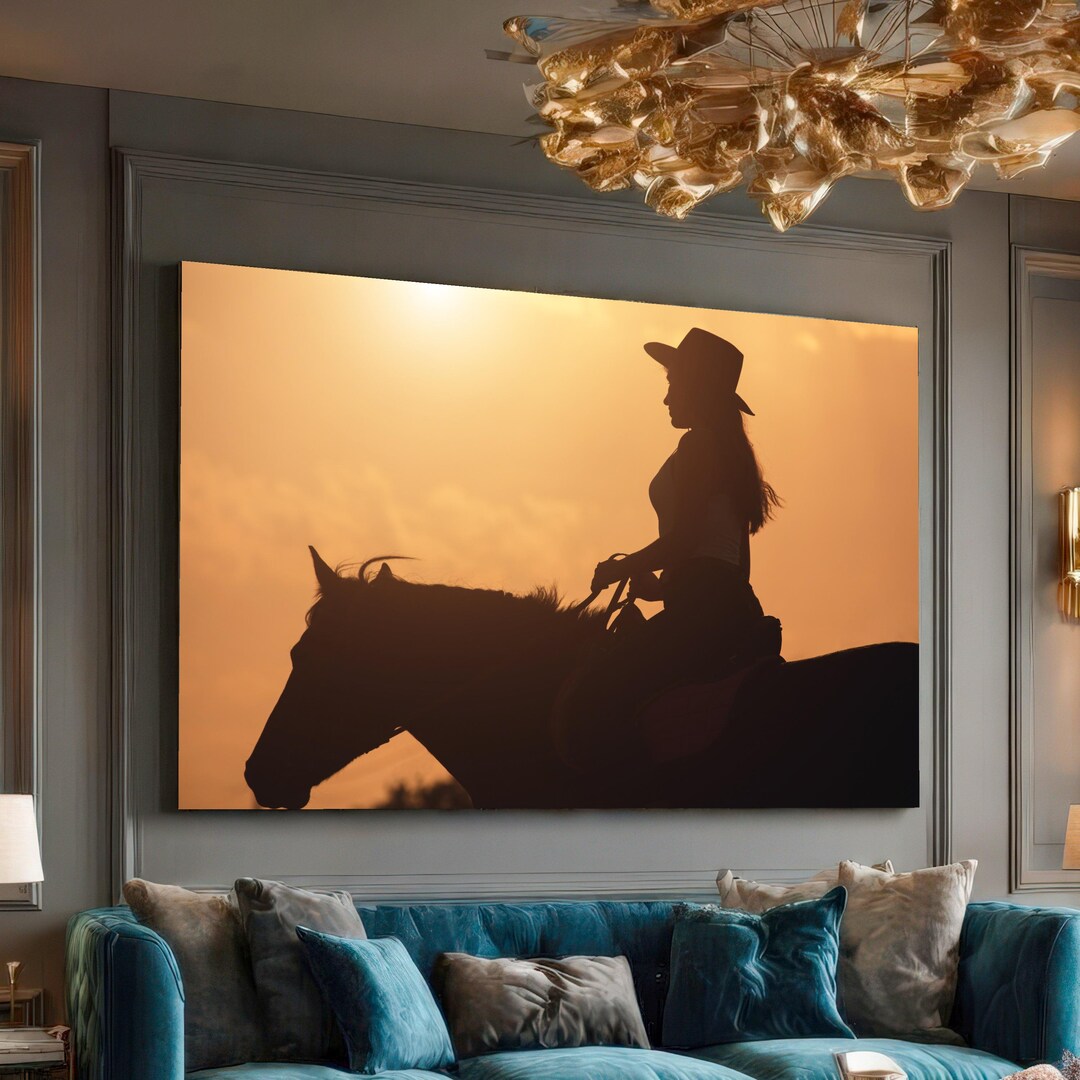 Sunset Cowboy Silhouette Canvas, Western Horse Rider Wall Art, Rustic ...