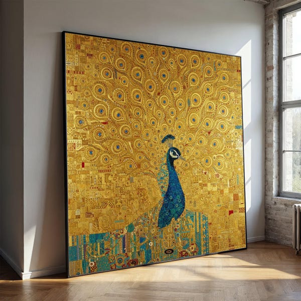 Gustav Klimt - Pavone dorato su tela, decorazione murale, motivo naturale ornato, arredamento di lusso per la casa, pronto da appendere