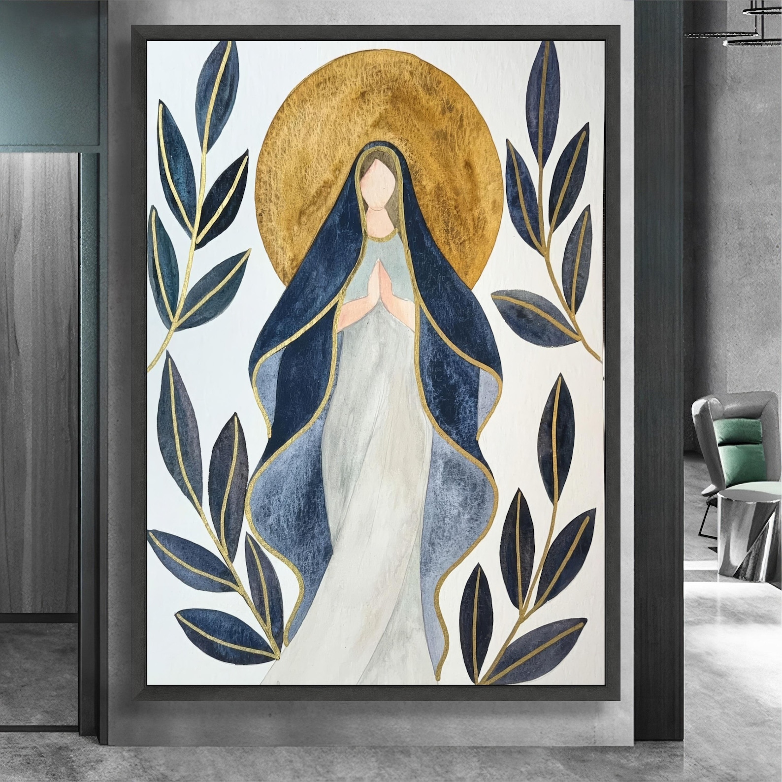 Virgin Mary Canvas Wall Art, Praying Madonna Religious Canvas, Blue and ...