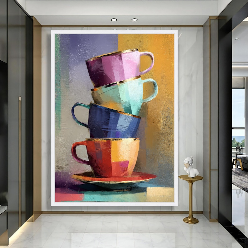 Colorful Stacked Teacups Canvas, Modern Kitchen Wall Art, Abstract ...